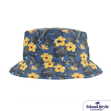 Bucket hat with tropical floral pattern on a white background, featuring the brand 'Island Style Clothing'.