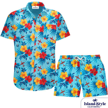 1FTS RAAF Military Squadron custom Hawaiian shirt and shorts set in blue with red and yellow hibiscus flowers and aircraft print. Customised ADF Shirts & Shorts