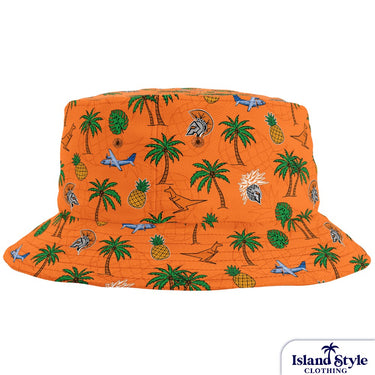 Orange bucket hat with tropical pattern on a white background