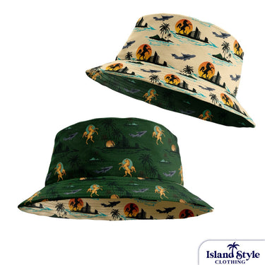 Beige bucket hats with island-themed pattern featuring horses, airplanes, and palm trees on a white background.
