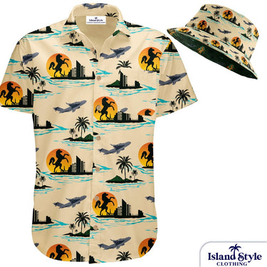 Beige shirt with island-themed design and matching bucket hat on a white background, featuring 'Island Style Clothing' brand.