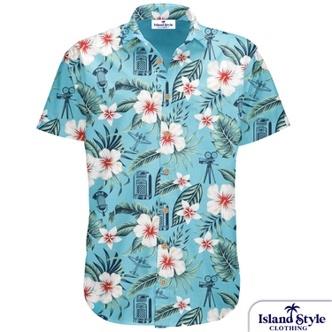 464 SQD, RAAF custom Hawaiian military shirt featuring tropical floral print with vintage aircraft and radio motifs. Ideal for veterans and service members.