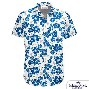 Short-sleeve shirt with blue floral pattern on a white background, featuring 'Island Style Clothing' branding.