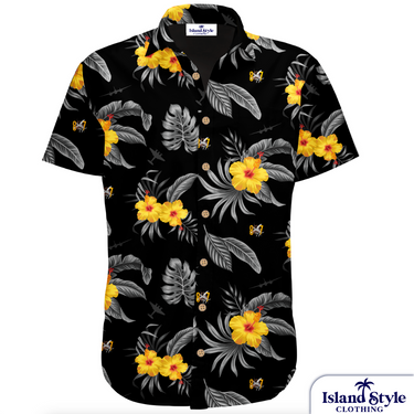 87 SQN ADF custom military Hawaiian shirt with black base, yellow hibiscus flowers, and grey tropical leaves, designed for military pride.