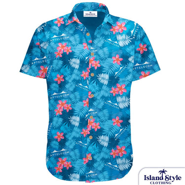 Blue floral patterned shirt with brand logo on a white background
