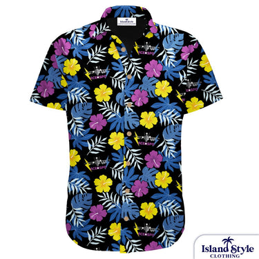 Colorful floral patterned shirt on a white background with 'Island Style Clothing' branding.