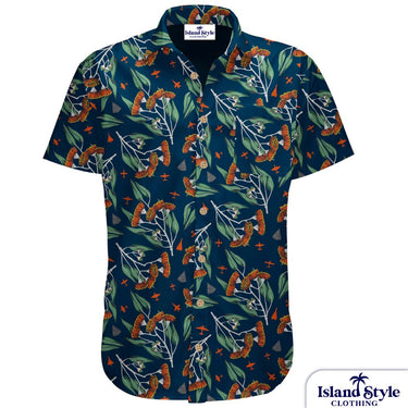 Navy blue shirt with floral pattern on a white background, featuring 'Island Style Clothing' branding.
