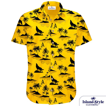 Yellow shirt with black island and wolf pattern on a white background
