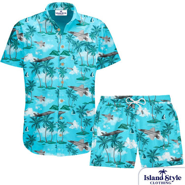 ACURL – Custom Military Hawaiian Shirts & Shorts set featuring teal fabric with fighter jets, palm trees, clouds, and sailboats. Ideal for themed apparel.