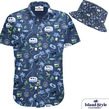 Blue patterned shirt and hat with 'Island Style Clothing' branding on a white background