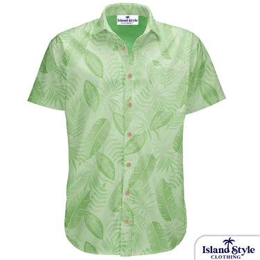 BMA BHP Green Aloha Friday shirt with tropical leaf print, custom teamwear for corporate or mining uniforms by Island Style Clothing. Customised Mining Shirts.