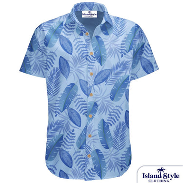 BMA BHP & Mitsubishi Development custom blue Aloha Friday shirt with tropical leaf print, short sleeves, and wooden buttons for corporate wear. Custom Mining Shirts.