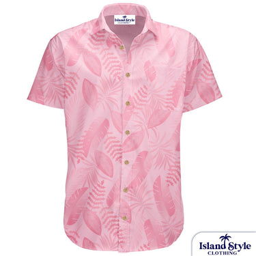 BMA BHP & Mitsubishi Development – Custom Pink Aloha Friday Shirt with tropical leaf print, short sleeves, and button-up front for corporate wear. Customised Mining Shirts.