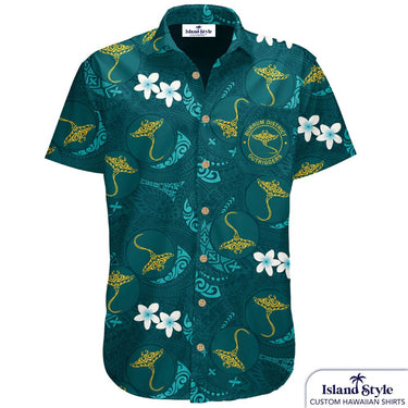 Dark green custom Hawaiian shirt for Burrum District Outrigger Canoe Club, Bullrays, featuring yellow stingrays and white floral print for men and women.