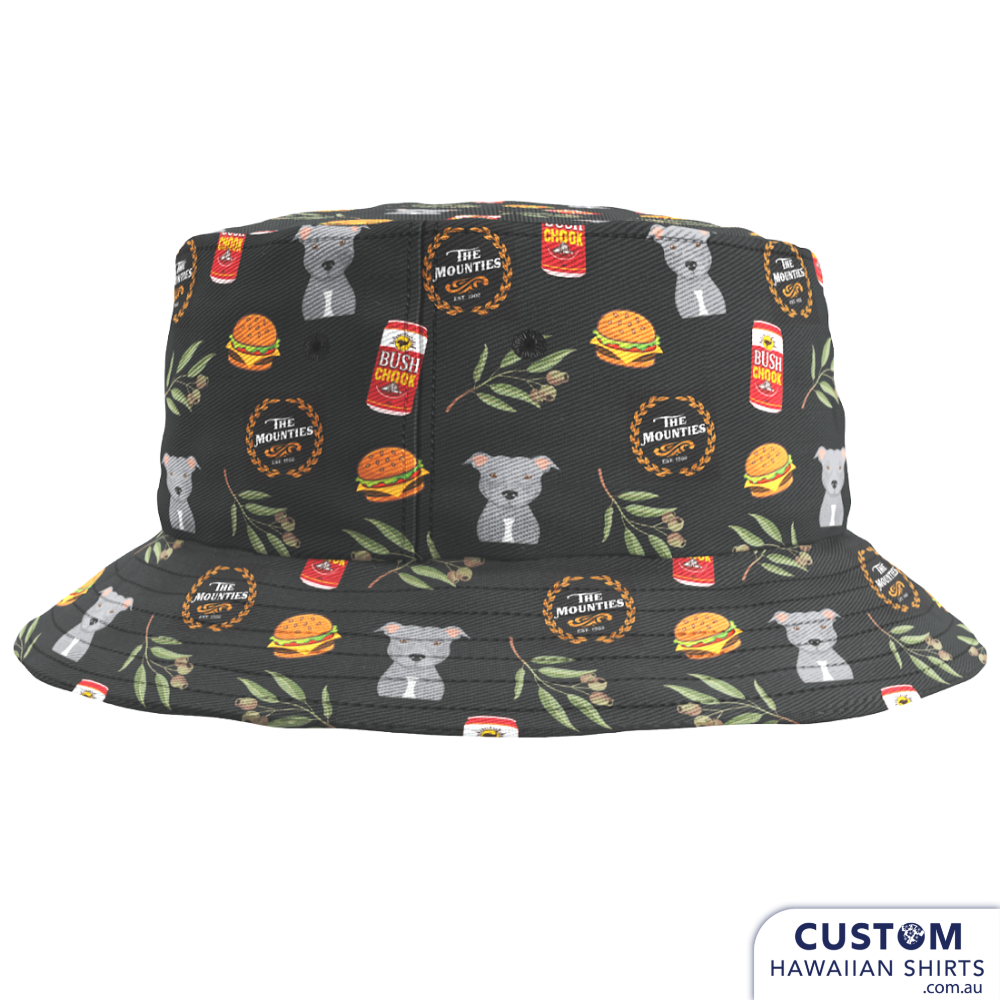 Light as the banter around the Barbie…finding relief in cool rayon. Mount Helena Tavern wanted some funky new custom hospitality uniforms in a modern Aussie look with Bush Chook beer cans, a dog, burgers and gum leaves. A colourful addition to their merch line and staff uniforms and matching pet bandanas. Custom Hawaiian Shirts Matching Bucket Hats Soft touch rayon Embossed coconut buttons Matching Pet Bandanas