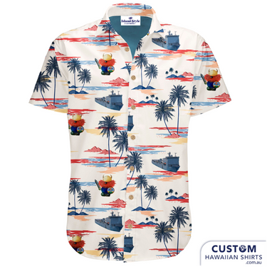 HMAS Choules NSW ADF custom military shirt featuring tropical Hawaiian design with palm trees, ships, and sunset prints. Cotton short-sleeve uniform shirt.