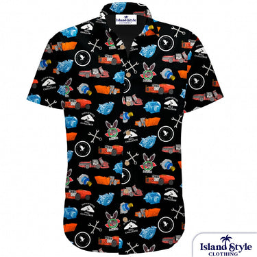 Black shirt with colorful graphic pattern on a white background