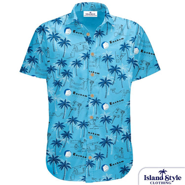Blue shirt with palm tree and beach chair pattern on a white background