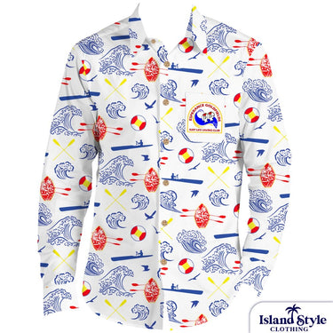 Esperance Goldfields SLSC long sleeve shirt with custom coastal design, featuring surf waves, paddles, and club logo on white cotton fabric.