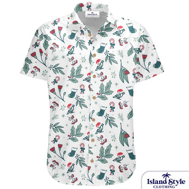 Short-sleeve shirt with Christmas-themed pattern on a white background, featuring Island Style Clothing brand.