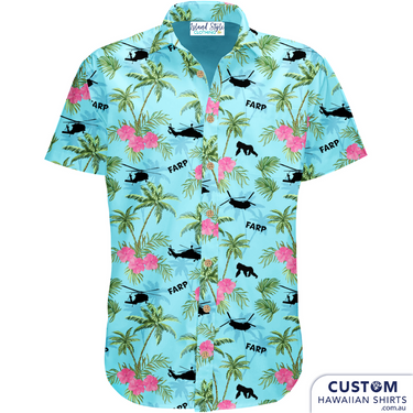 FARP, RAAF Customised Military Shirts for the Royal Australian Airforce. Features helicopters, gorillas, chinooks, flowers and palm trees on blue base. Cotton Hawaiian Shirts Embossed coconut buttons