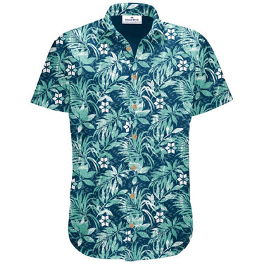 Tropical patterned shirt with green leaves and white flowers on a white background