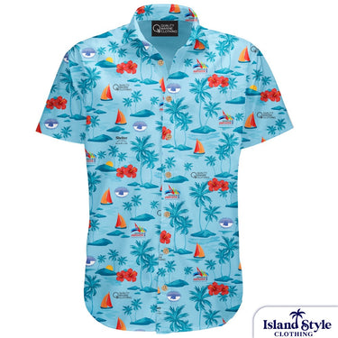 Geo Bay Race custom Hawaiian shirt in light blue with red sailboats, palm trees, and sponsor logos. Made from a cotton-rayon blend for comfort.