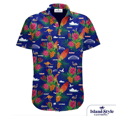 Colorful tropical shirt with floral and animal patterns on a white background