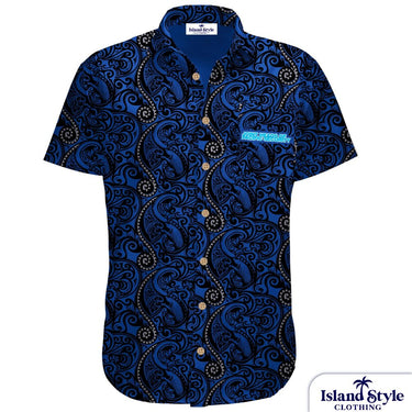 A short-sleeve button-up shirt with a bold blue, black, and gold paisley pattern, featuring a light blue embroidered chest logo that reads 'islandstyle.com'.