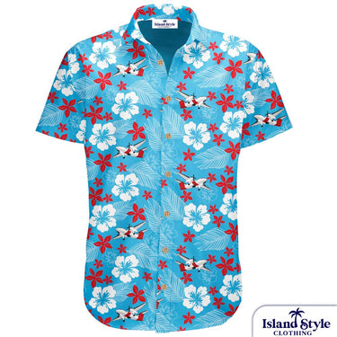 Leidos Australia Challenger Fundraiser Custom Hawaiian Shirt featuring red and white floral patterns and aircraft graphics on a blue background.