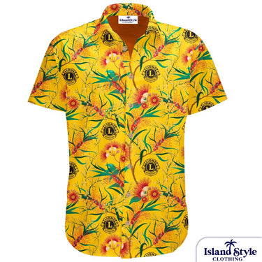 Lions Australia custom conference shirt in gold with native Aussie flowers and Lions emblems, ideal for Parade of Nations events and corporate wear.