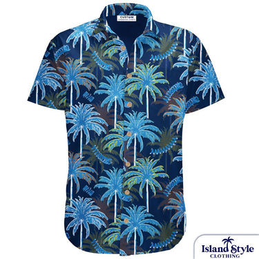 Lovells Springs Pty Ltd custom Hawaiian shirt with navy base and multicolored palm tree print, designed for corporate uniforms and casual wear.