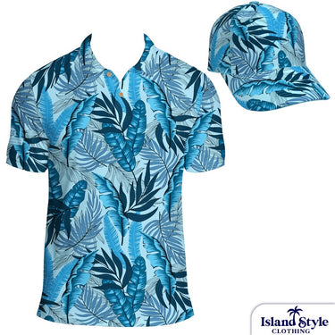 Blue tropical leaf pattern shirt and cap on a white background with 'Island Style Clothing' branding.