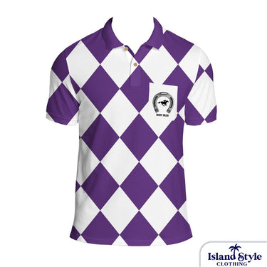 Purple and white checkered polo shirt with a logo on a white background
