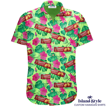 Arnott's Monte Carlos custom Hawaiian shirt in green with pink hibiscus flowers, designed for the 2024 National Sales Conference.