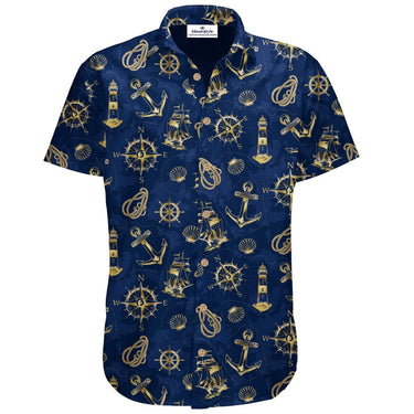 Nautical-themed shirt with gold patterns on a blue background