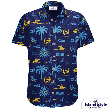 Phoenix Masters Swimming Shirts – Tropical Custom Design featuring swimmer icons, palm trees, and Phoenix logos on a dark blue short-sleeve shirt.