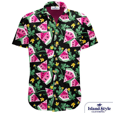 Red Hill Creative - Melon Malarkey custom shirt featuring vibrant watermelon and floral print on black background, ideal for summer fashion.