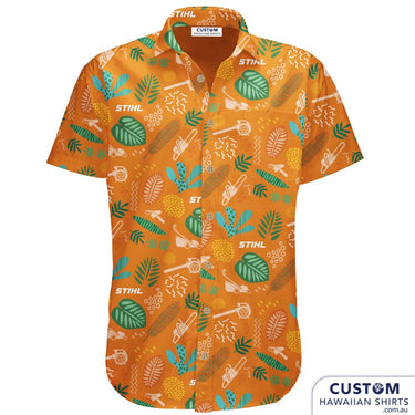 New fun corporate staff shirts custom-designed for the STIHL National Dealer Conference in Cairns, Qld 2024. These personalised Hawaiian shirts were plain with their logo on the pocket. Custom Hospitality Shirts 100% Cotton Open collar 1 x front pocket Coconut buttons Free design by our in-house designers on Sunny Coast