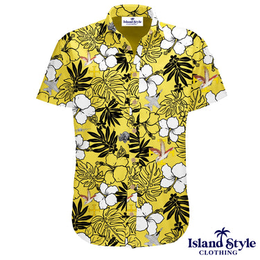 Yellow floral patterned shirt with 'Island Style Clothing' branding on a white background
