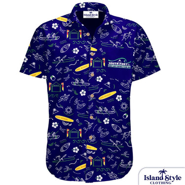 Men’s and women’s South Port SLSC custom shirt in navy with surf rescue mural graphics, tropical icons, and club logo. Ideal for beach events or uniforms.