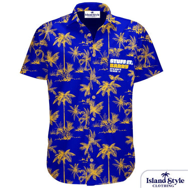 Storage King Blue Conference Shirt with yellow palm tree print and front pocket logo. Custom cotton design ideal for branded corporate events.