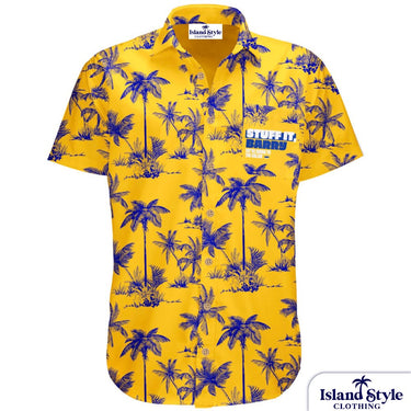 Storage King yellow branded conference shirt with blue tropical palm print and logo, ideal for sunny business events and custom uniforms.