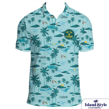 Straddie Brewing x Caxton Golf Polos – Custom Tropical Design featuring light blue fabric with palm trees, rainbow lorikeets, and dual logos.