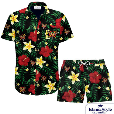 Hawaiian shirt and shorts set with tropical floral pattern on a white background