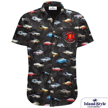 Tamworth Classic Holden Club Shirt with custom tropical car print, black base, grey leaf pattern, and colorful vintage Holden cars.