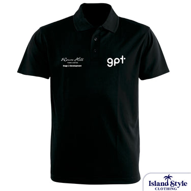 Customised Black polo shirt with white text on a white background