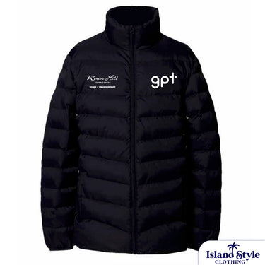 Customised Black puffer jacket with logos on a white background