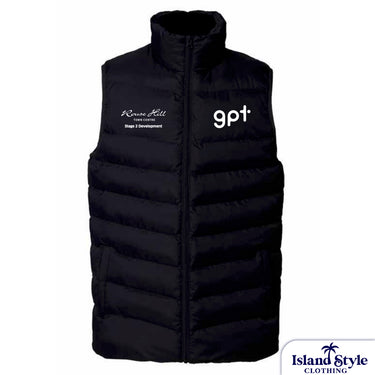 Customised Black puffer vest with white text on a white background