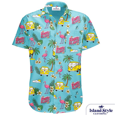 Kombi Clinic Hawaiian shirt with bright blue base, yellow vans, flamingos, and tropical motifs. Custom tropical uniform for community events.